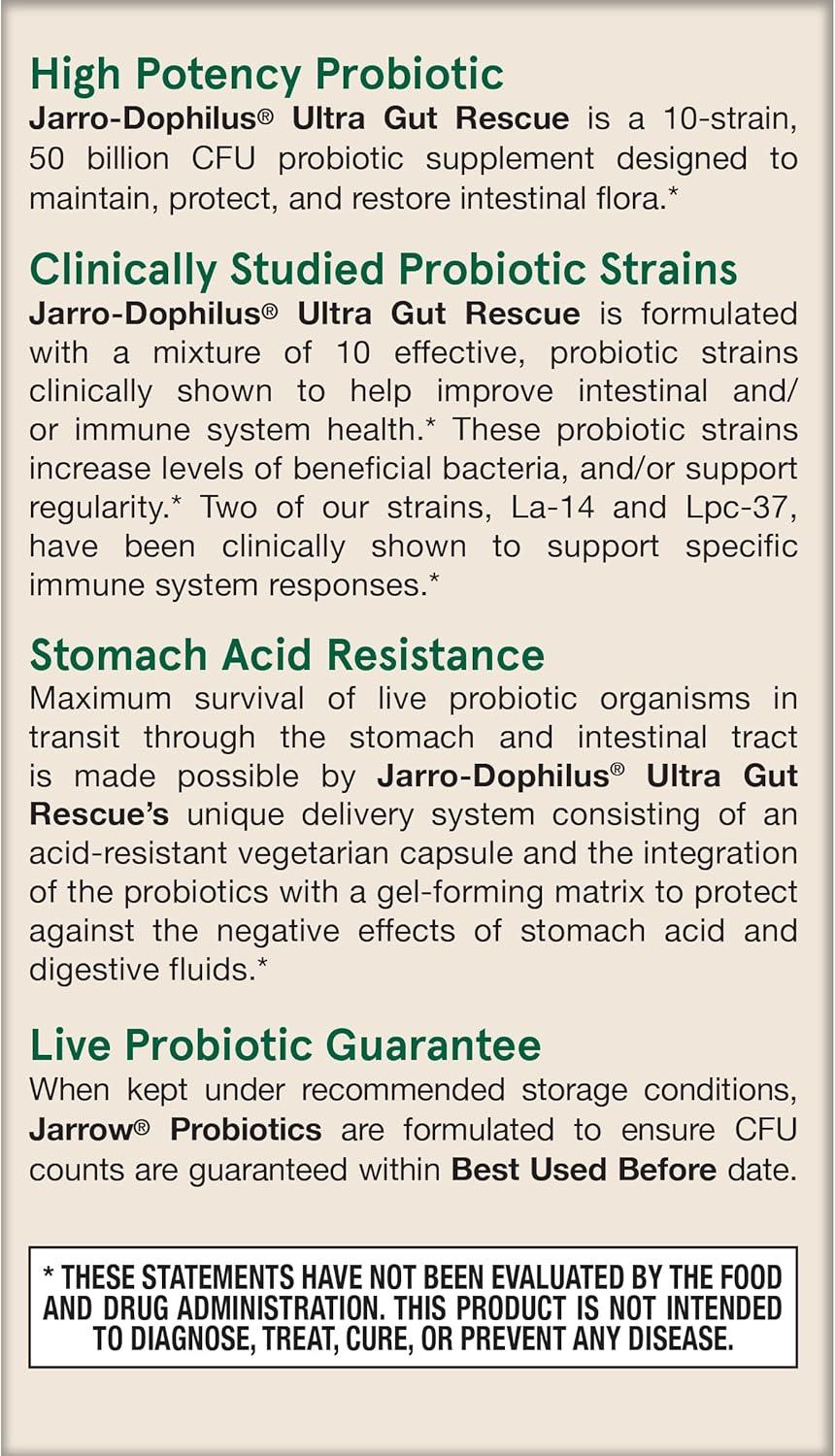 image:imageJarrow Formulas JarroDophilus Ultra Gut Rescue 50 Billion CFU Per Serving Probiotics Restore Protect amp Maintain Intestinal Flora 60 Servings Delayed Release60 Count Pack of 1