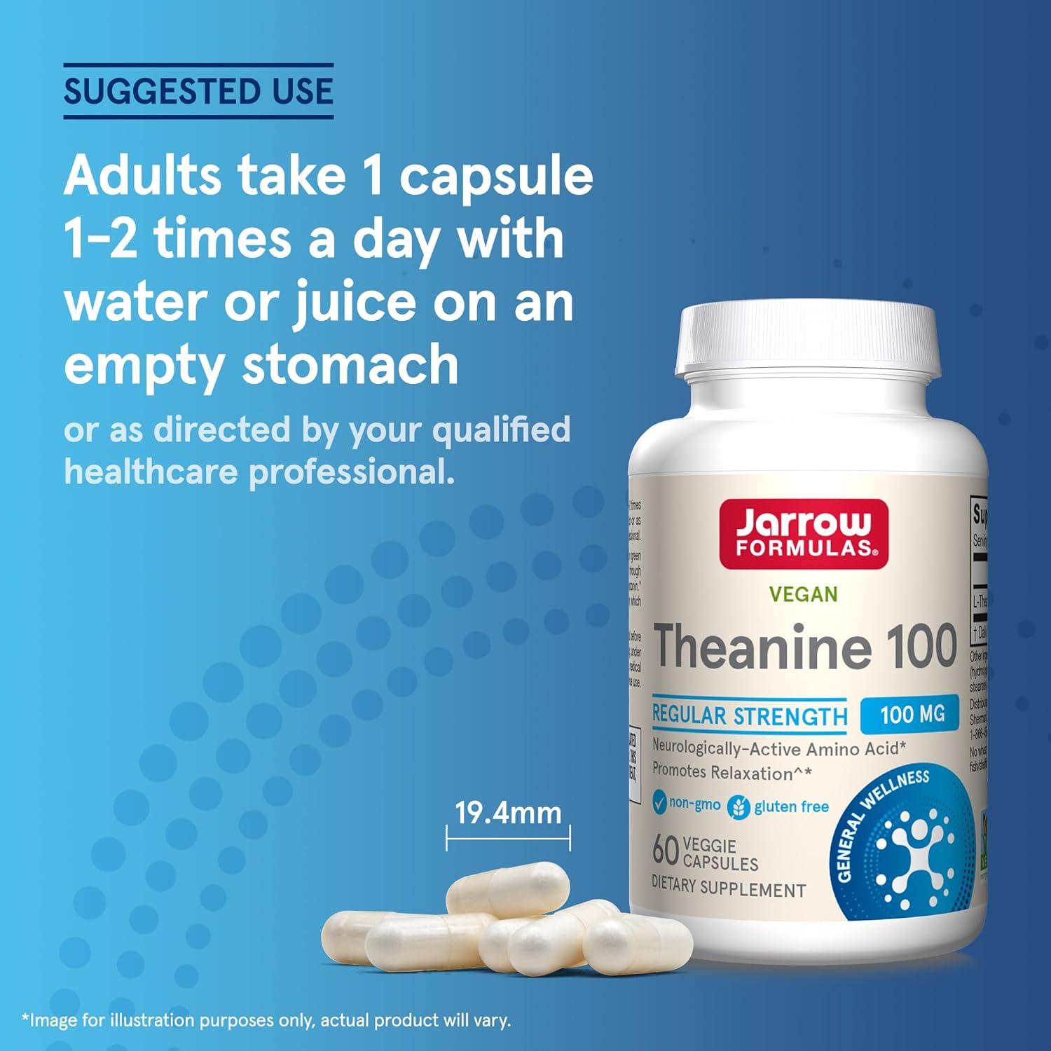 image:imageJarrow Formulas Regular Strength Theanine 100 mg Dietary Supplement 60 Capsules 60 Day SupplyUnflavored