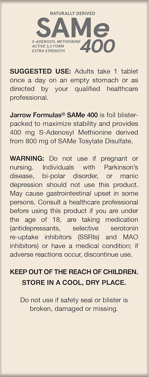 image:imageJarrow Formulas SAMe Supplement 400 mg 30 Tablets High Concentration of Active SS Form Supports Joint Health Liver Function Brain Metabolism Balanced Mood amp Antioxidant Defense 30 Servings60 Count Pack of 1