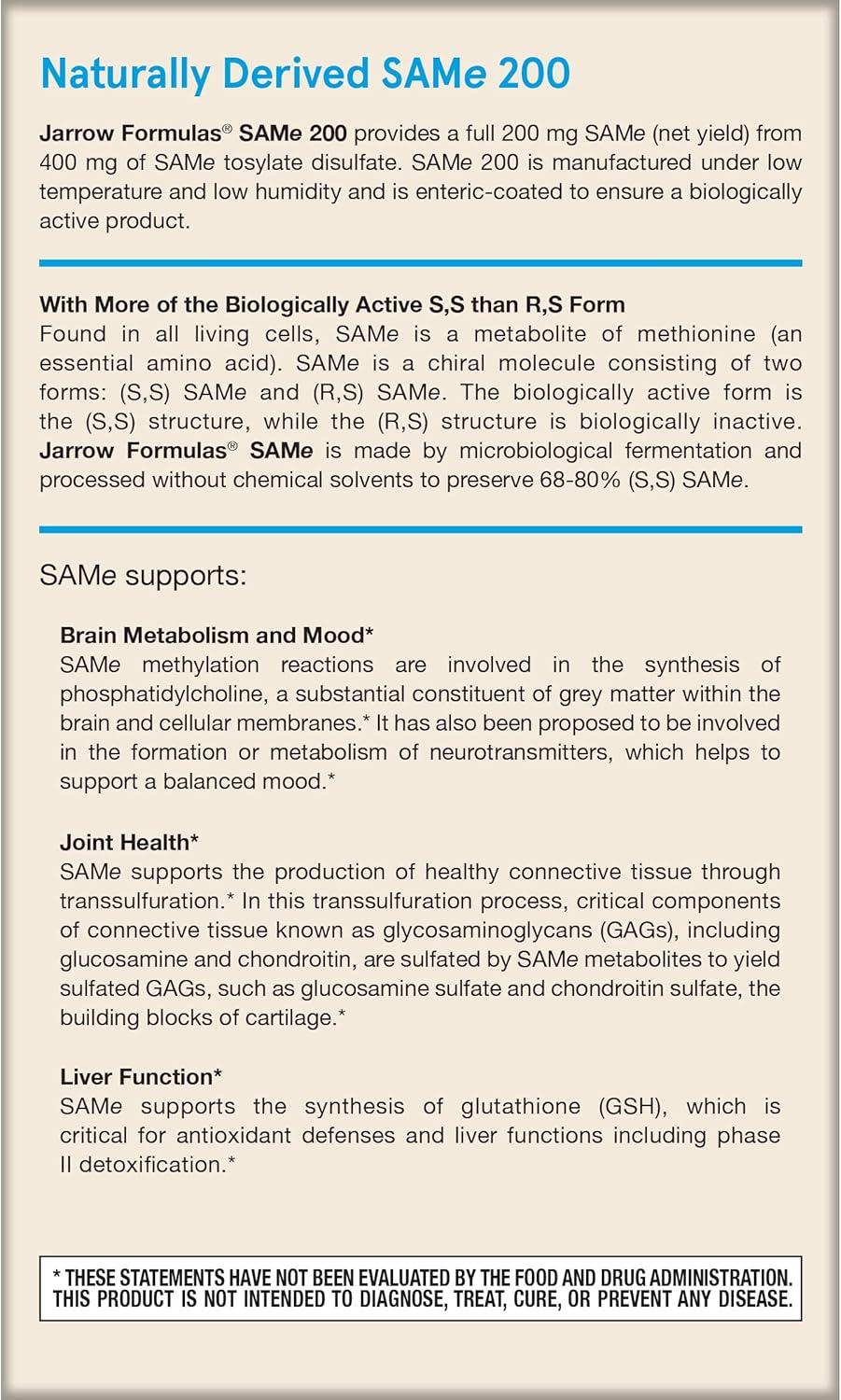 image:imageJarrow Formulas Same 200 mg Supports Joint Health Liver Function Brain Metabolism 20 Tablets Up to A 20 Day SupplyUnflavored