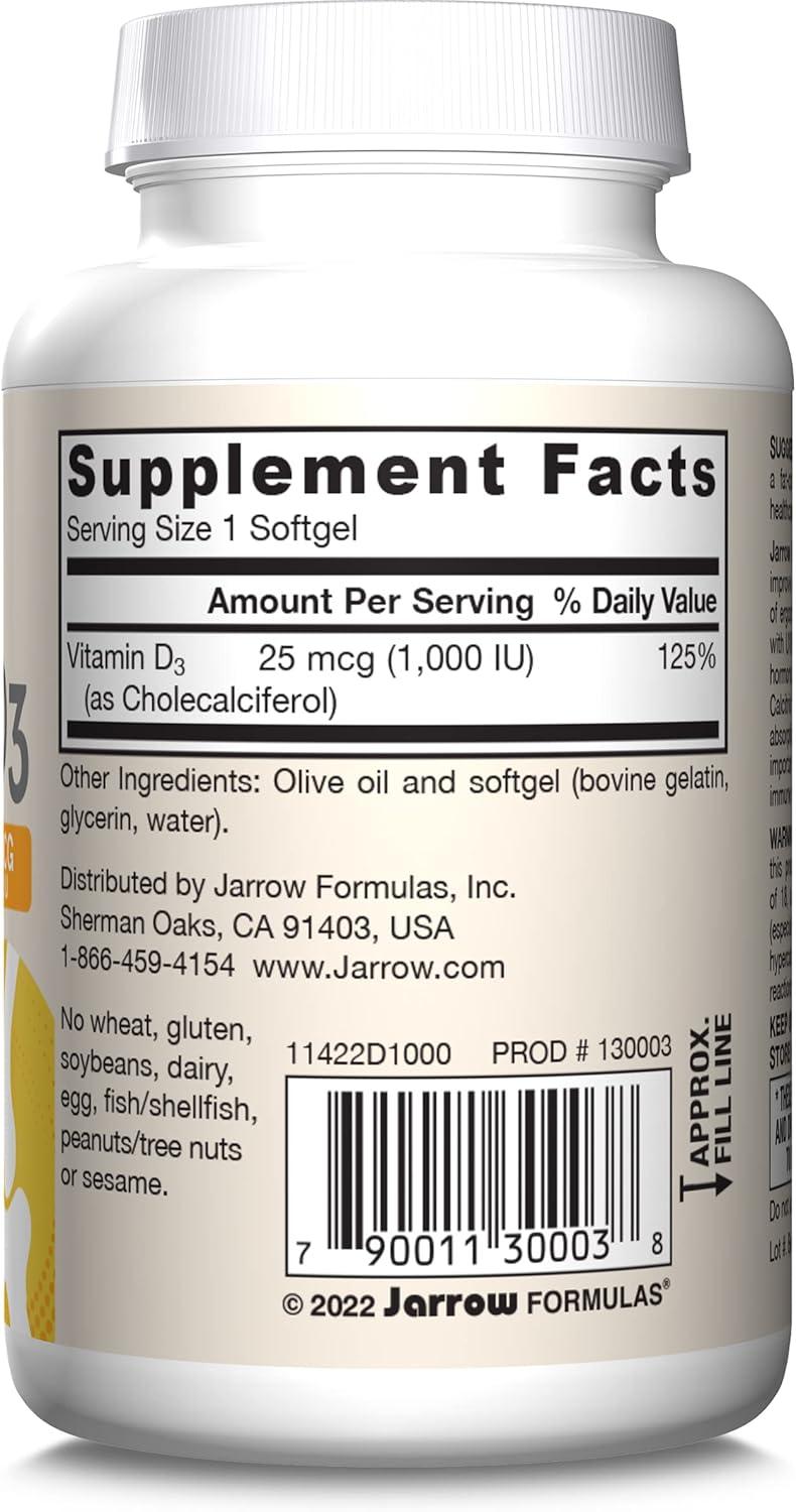image:imageJarrow Formulas Vitamin D3 25 mcg Dietary Supplement Bone and Joint Support for Immune Health and Calcium Metabolism 100 Softgels 100 Day SupplyUnflavored