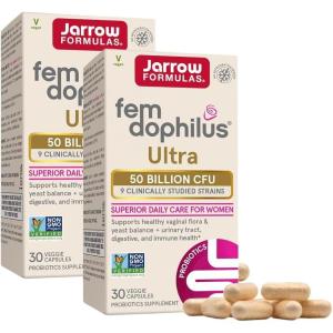 Jarrow Formulas Fem-Dophilus Vaginal & Digestive Probiotic 50 Billion CFU, 9 Clinically-Studied Strains, for Vaginal Flora & Yeast Balance, Urinary Tract, Digestive, & Immune Support, 30 Capsules(30 Count (Pack of 2))