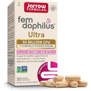 Jarrow Formulas Fem-Dophilus Vaginal & Digestive Probiotic 50 Billion CFU, 9 Clinically-Studied Strains, for Vaginal Flora & Yeast Balance, Urinary Tract, Digestive, & Immune Support, 30 Capsules(30 Count (Pack of 1))