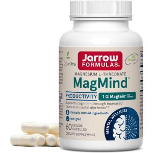 Jarrow Formulas Magnesium L-Threonate, MagMind Productivity, High Absorption Magnesium, Brain Supplements for Memory and Focus, 60 Veggie Capsules, Up to a 30 Day Supply