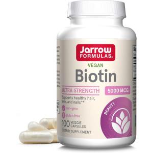 Jarrow Formulas® Biotin Ultra Strength 5000 mcg, Dietary Supplement, Hair, Skin, and Nails Support, 100 Veggie Capsules, Up to 100 Day Supply(Unflavored)