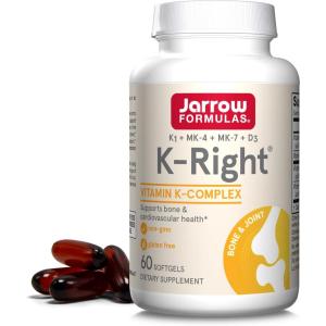 Jarrow Formulas K-Right – Vitamin K-Complex (K1, MK-4, MK-7, D3) – 60 Servings (Softgels) – Dietary Supplement for Bone & Cardiovascular Health Support – Vitamin K2 MK-7 – Gluten Free