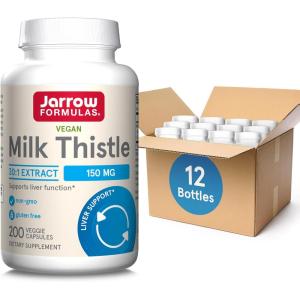 Jarrow Formulas Milk Thistle Supplement 150 mg. 30:1 Milk Thistle Extract Standardized to 80% Total Flavonoids, Dietary Supplement for Liver Function Support, 200 Veggie Capsules, Up to 200 Day Supply(200 Servings (Pack of 12))