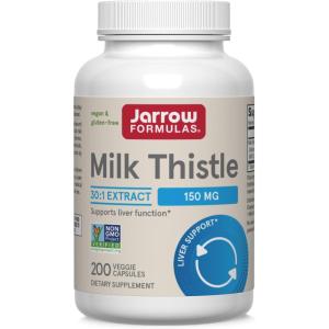 Jarrow Formulas Milk Thistle Supplement 150 mg. 30:1 Milk Thistle Extract Standardized to 80% Total Flavonoids, Dietary Supplement for Liver Function Support, 200 Veggie Capsules, Up to 200 Day Supply(200 Count (Pack of 1))