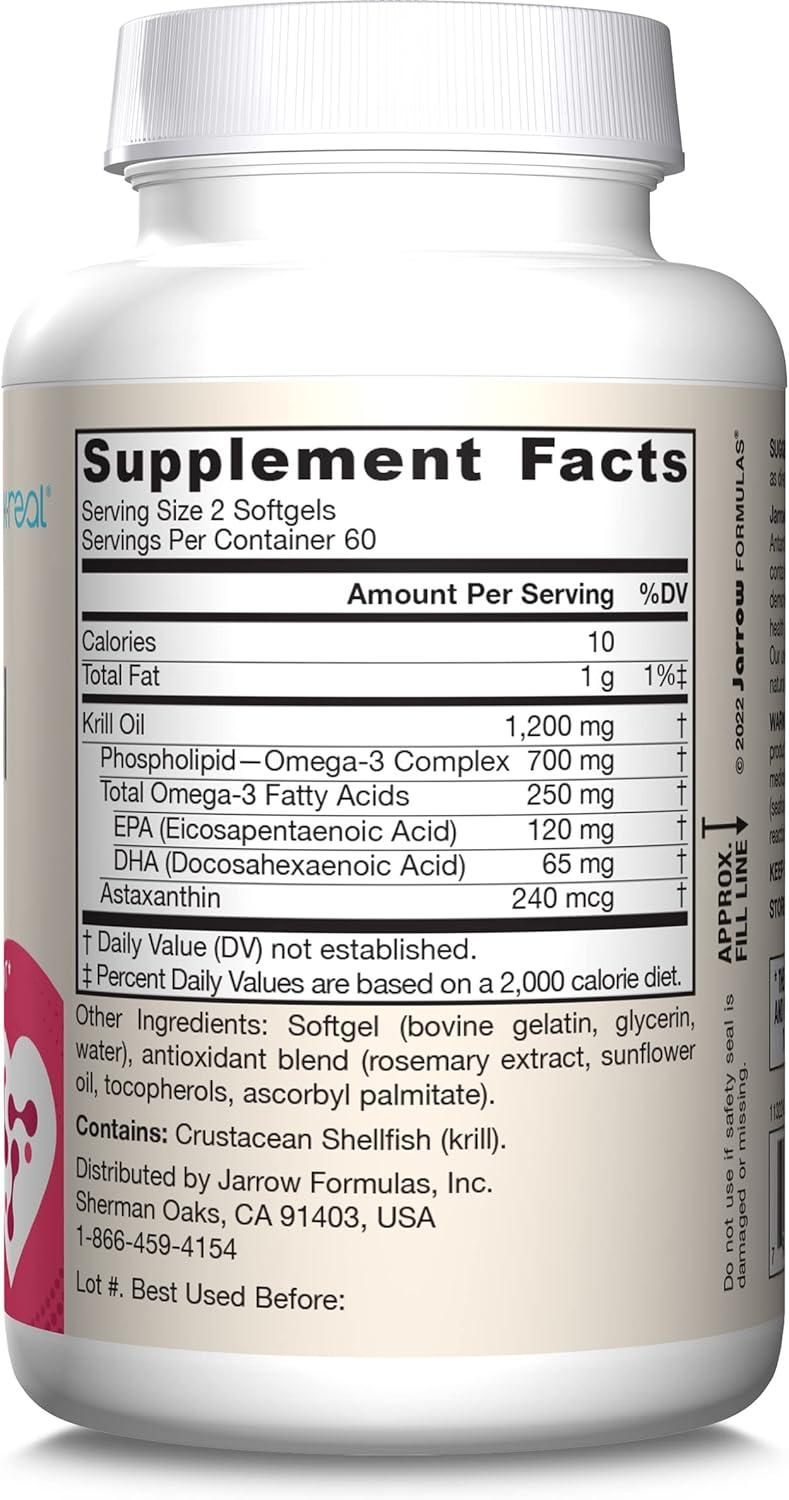 image:imageJarrow Formulas Krill Oil Phospholipid Omega3 Complex with Astaxanthin 60 Softgels 30 Servings Supports Lipid Management Metabolism Brain amp Heart Health EPA amp DHA Gluten Free NonGMO120 Count Pack of 1