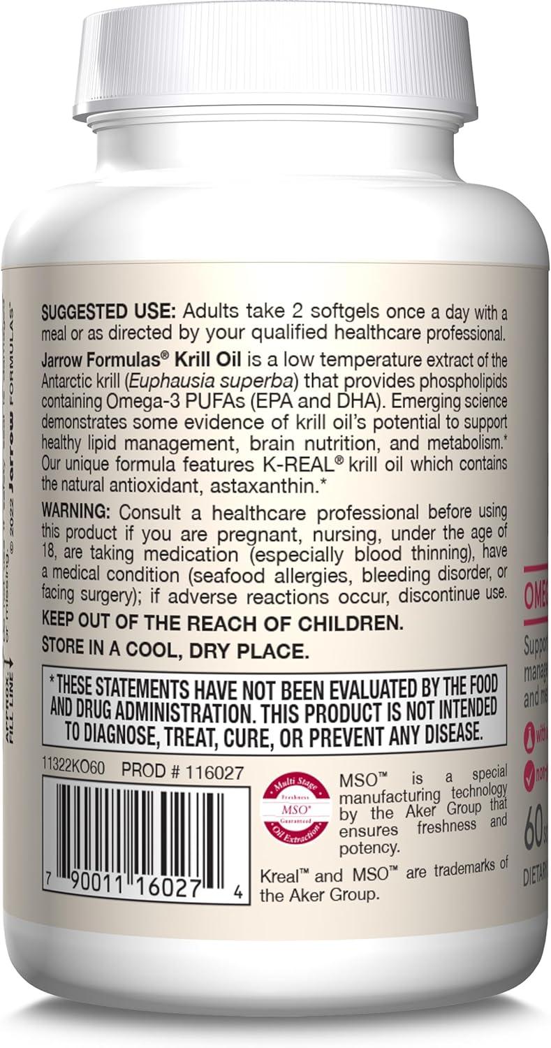 image:imageJarrow Formulas Krill Oil Phospholipid Omega3 Complex with Astaxanthin 60 Softgels 30 Servings Supports Lipid Management Metabolism Brain amp Heart Health EPA amp DHA Gluten Free NonGMO60 Count Pack of 1