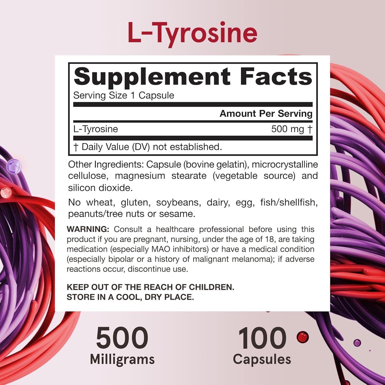 image:imageJarrow Formulas LTyrosine 500 mg Dietary Supplement Amino Acid Supplement for Brain Health Support 100 Capsules 100 Day Supply100 Count Pack of 1
