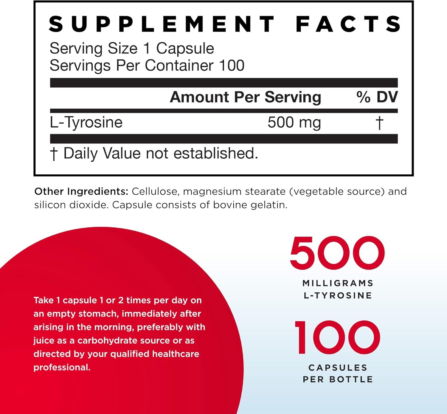 image:imageJarrow Formulas LTyrosine 500 mg Dietary Supplement Amino Acid Supplement for Brain Health Support 100 Capsules 100 Day Supply100 Count Pack of 2