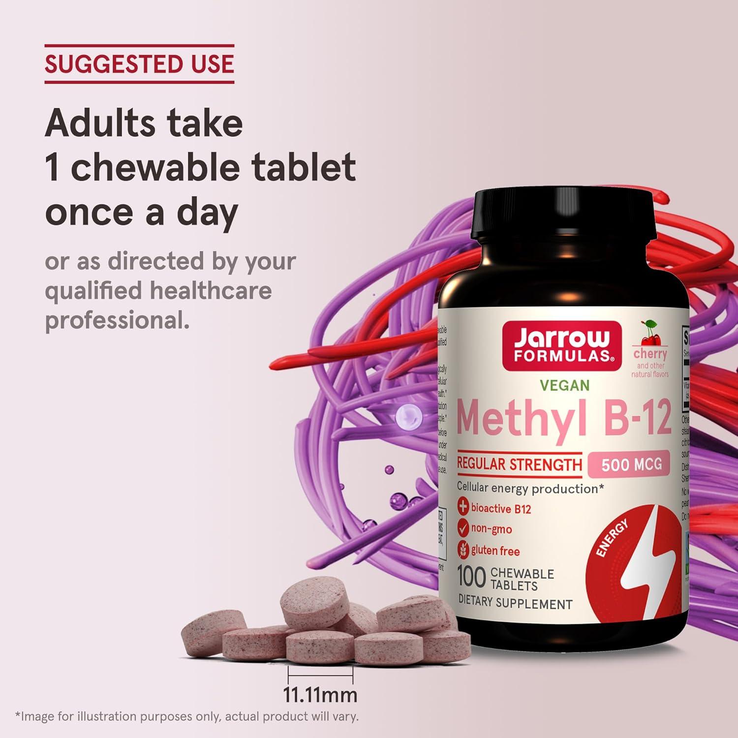 image:imageJarrow Formulas Methyl B12 Tablets 500 mg Dietary Supplement for Cellular Energy Production and Brain Health Support 100 Cherry Flavor Chewable Tablets 100 Day Supply100 Count Pack of 12