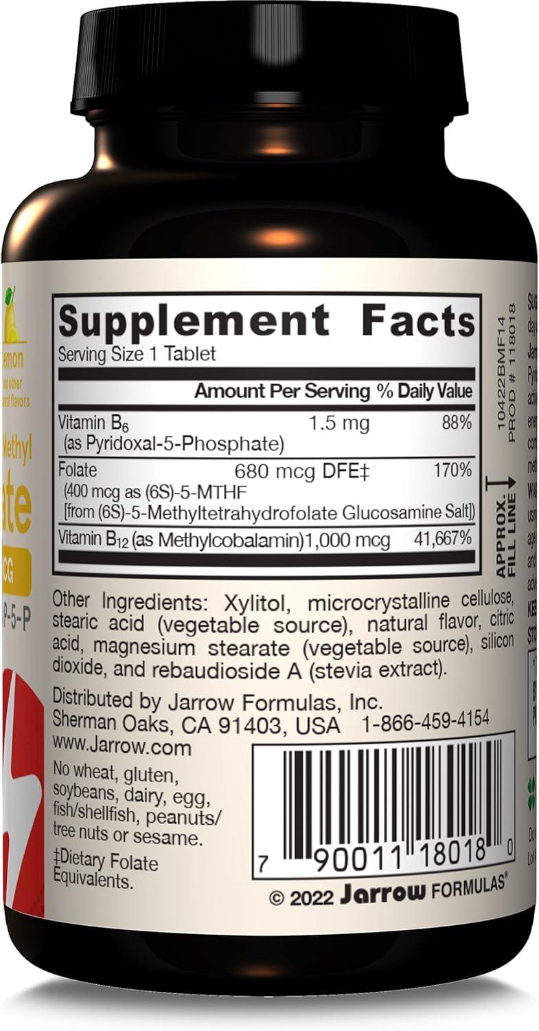 image:imageJarrow Formulas Methyl B12 amp Methyl Folate Bioactive Vitamin B9 amp Vitamin B12 Supplement Supports Cellular Energy Production Healthy Brain Function amp Metabolism 100 Chewable Tablets 100 Servings100 Count Pack of 1