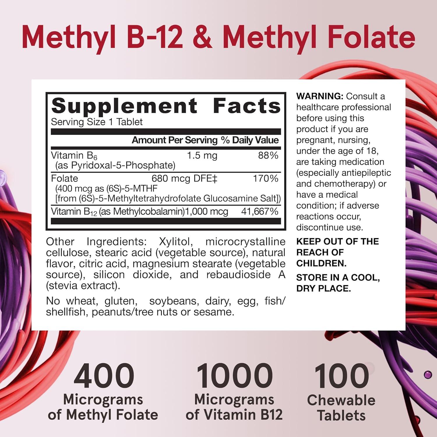 image:imageJarrow Formulas Methyl B12 amp Methyl Folate Bioactive Vitamin B9 amp Vitamin B12 Supplement Supports Cellular Energy Production Healthy Brain Function amp Metabolism 100 Chewable Tablets 100 Servings100 Count Pack of 12