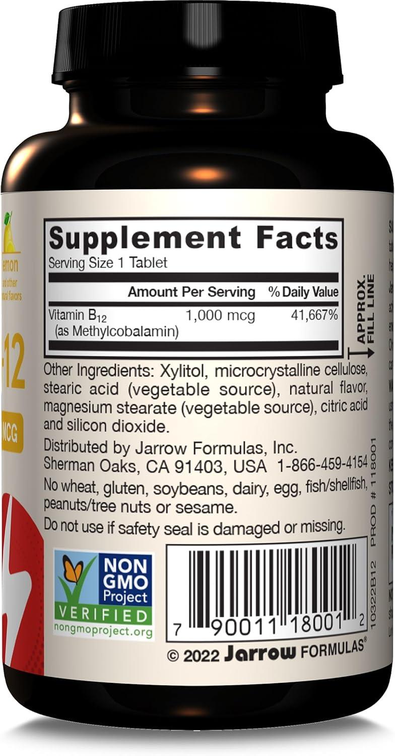 image:imageJarrow Formulas Methyl Vitamin B12 1000 mcg 100 Chewable Tablets Lemon Flavored Bioactive B12 Vitamin Supports Cellular Energy Production Brain Health amp Metabolism 100 Servings100 Servings Pack of 12