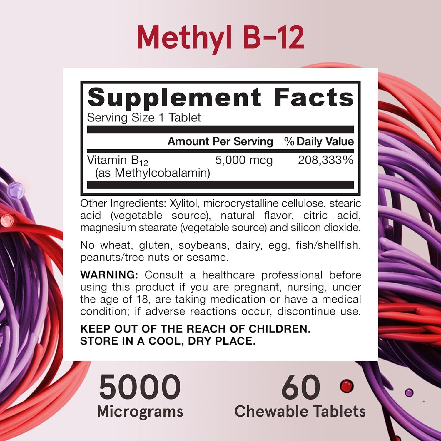 image:imageJarrow Formulas Methyl Vitamin B12 5000 mcg 60 Chewable Tablets Naturally Fruit Flavored Bioactive B12 Vitamin Supports Cellular Energy Production Brain Health amp Metabolism 60 Servings60 Count Pack of 12