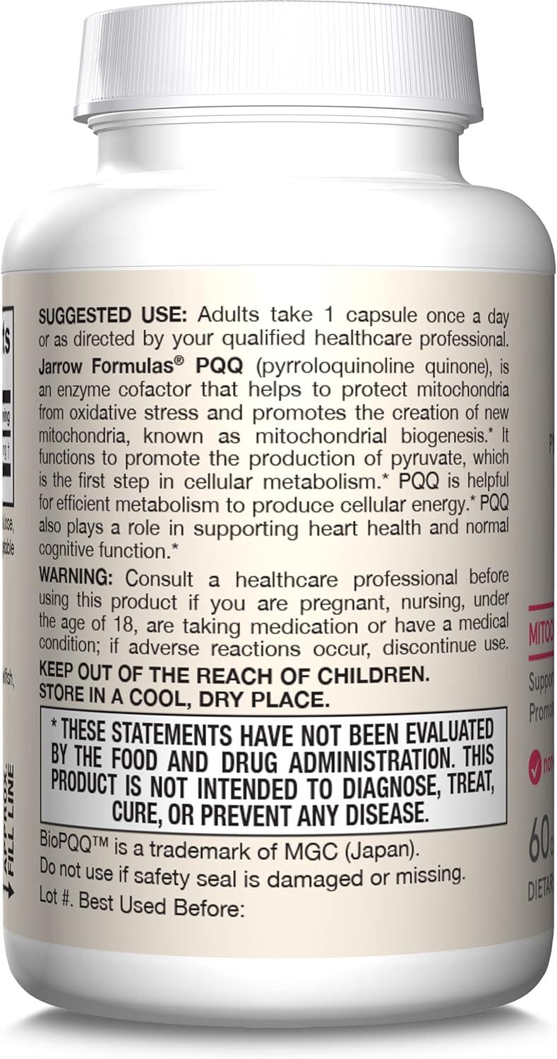 image:imageJarrow Formulas PQQ 20 mg Dietary Supplement Heart Brain and Metabolism Support 60 Veggie Capsules 60 Day SupplyUnflavored