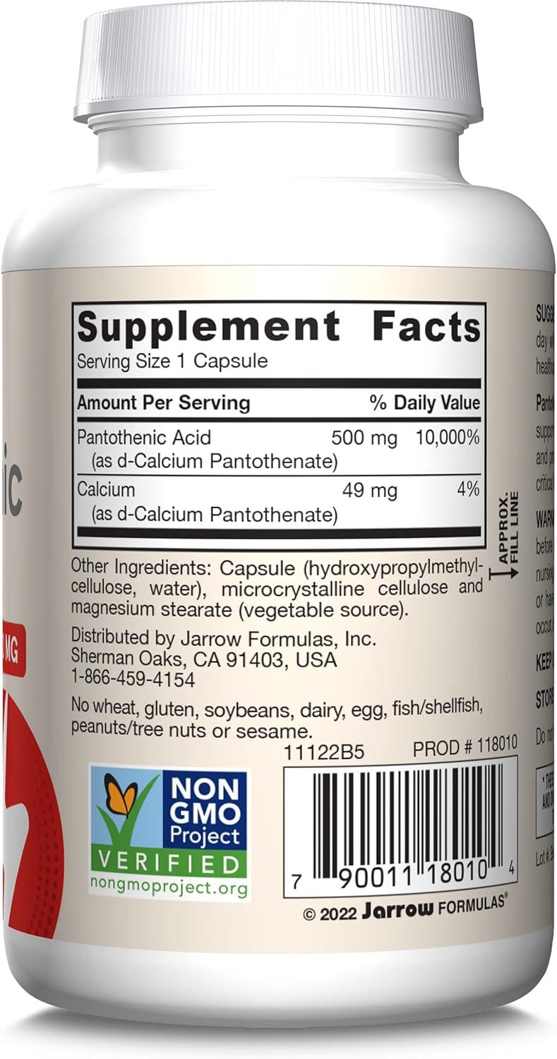 image:imageJarrow Formulas Pantothenic Acid B5 500 mg Dietary Supplement Vitamin B5 for Adrenal Hormone Support and Cellular Energy Metabolism 100 Veggie Capsules 100 Day Supply100 Count Pack of 2