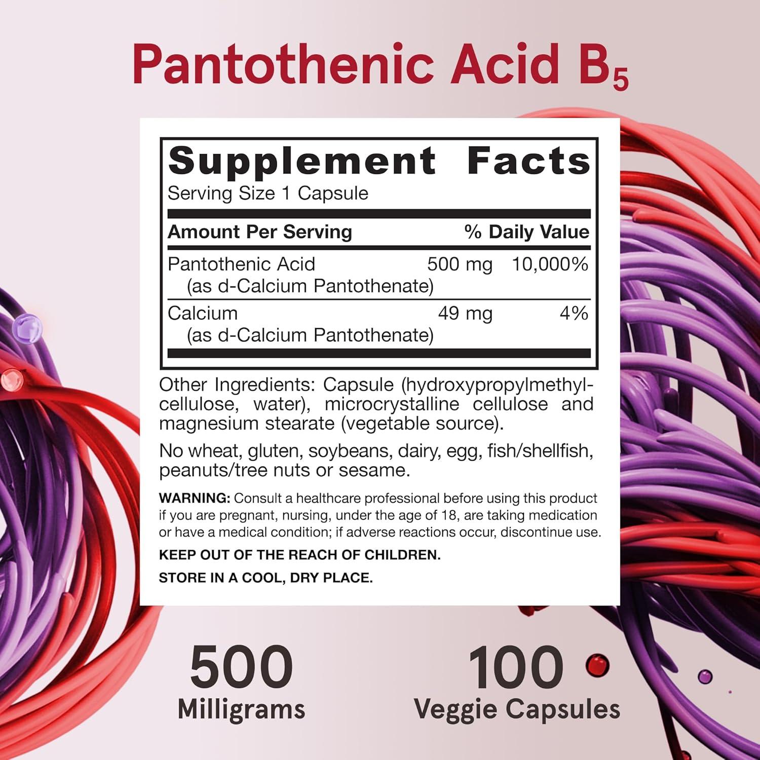 image:imageJarrow Formulas Pantothenic Acid B5 500 mg Dietary Supplement Vitamin B5 for Adrenal Hormone Support and Cellular Energy Metabolism 100 Veggie Capsules 100 Day Supply100 Count Pack of 2