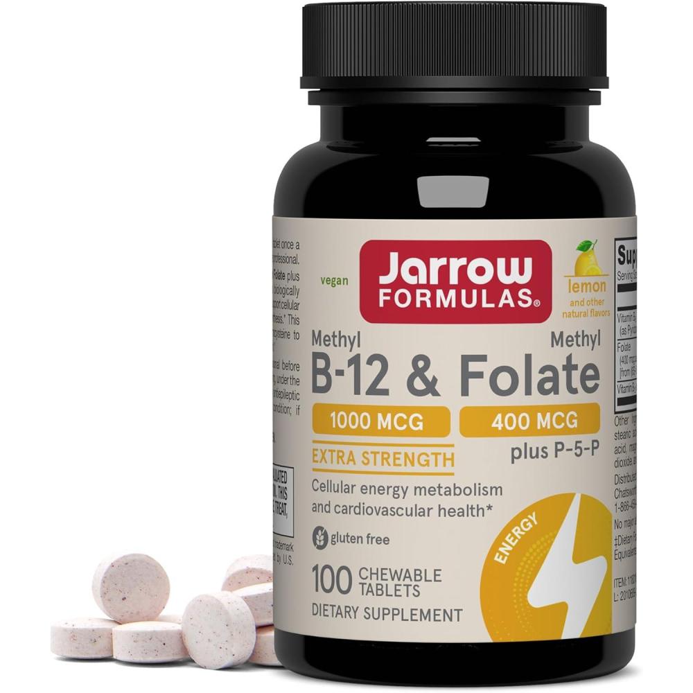 image:imageJarrow Formulas Methyl B12 amp Methyl Folate Bioactive Vitamin B9 amp Vitamin B12 Supplement Supports Cellular Energy Production Healthy Brain Function amp Metabolism 100 Chewable Tablets 100 Servings100 Count Pack of 1
