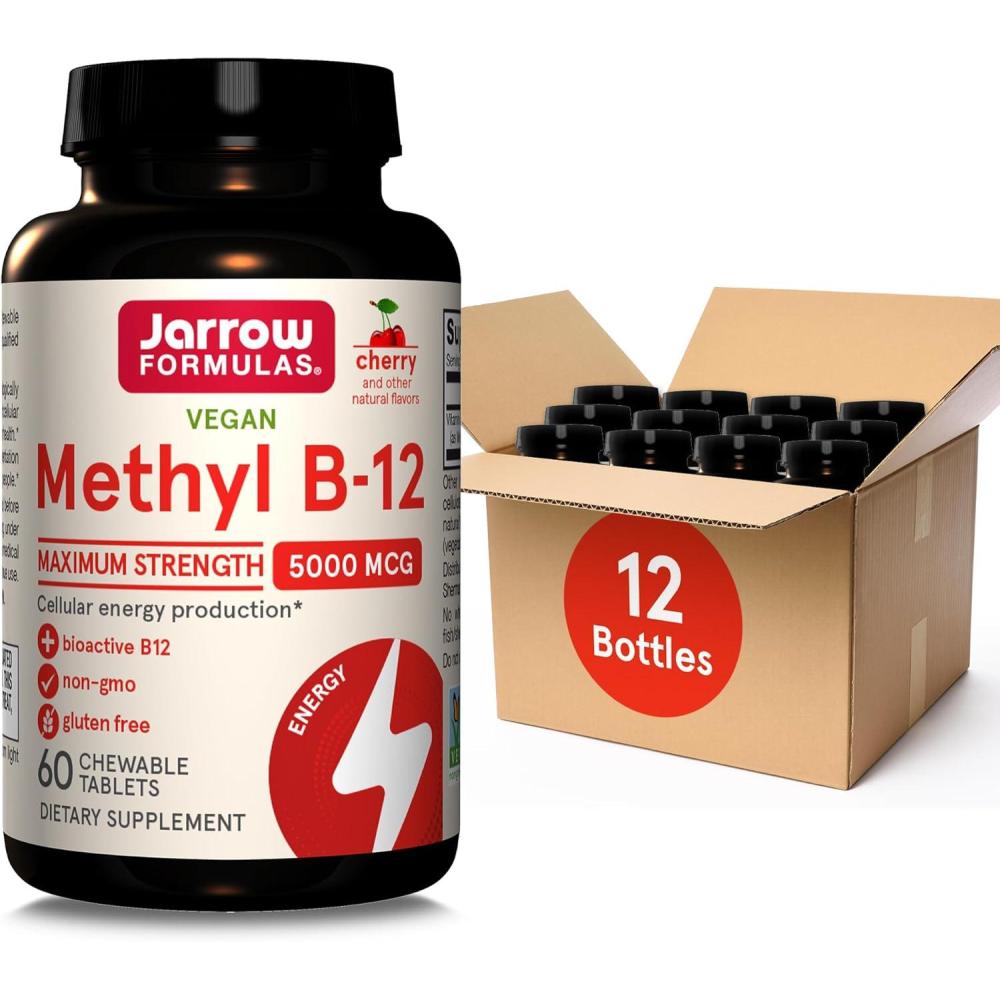 image:imageJarrow Formulas Methyl Vitamin B12 5000 mcg 60 Chewable Tablets Naturally Fruit Flavored Bioactive B12 Vitamin Supports Cellular Energy Production Brain Health amp Metabolism 60 Servings60 Count Pack of 12