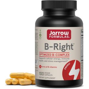 Jarrow Formulas B-Right Vitamin B Complex Formula – 100 Veggie Caps – Cellular Energy & Metabolism Support – Supports Brain, Cellular & Cardiovascular Health – 100 Servings(Unflavored)