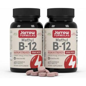 Jarrow Formulas Methyl Vitamin B12 5000 mcg – 60 Chewable Tablets, Naturally Fruit Flavored- Bioactive B12 Vitamin – Supports Cellular Energy Production, Brain Health & Metabolism – 60 Servings(60 Count (Pack of 2))