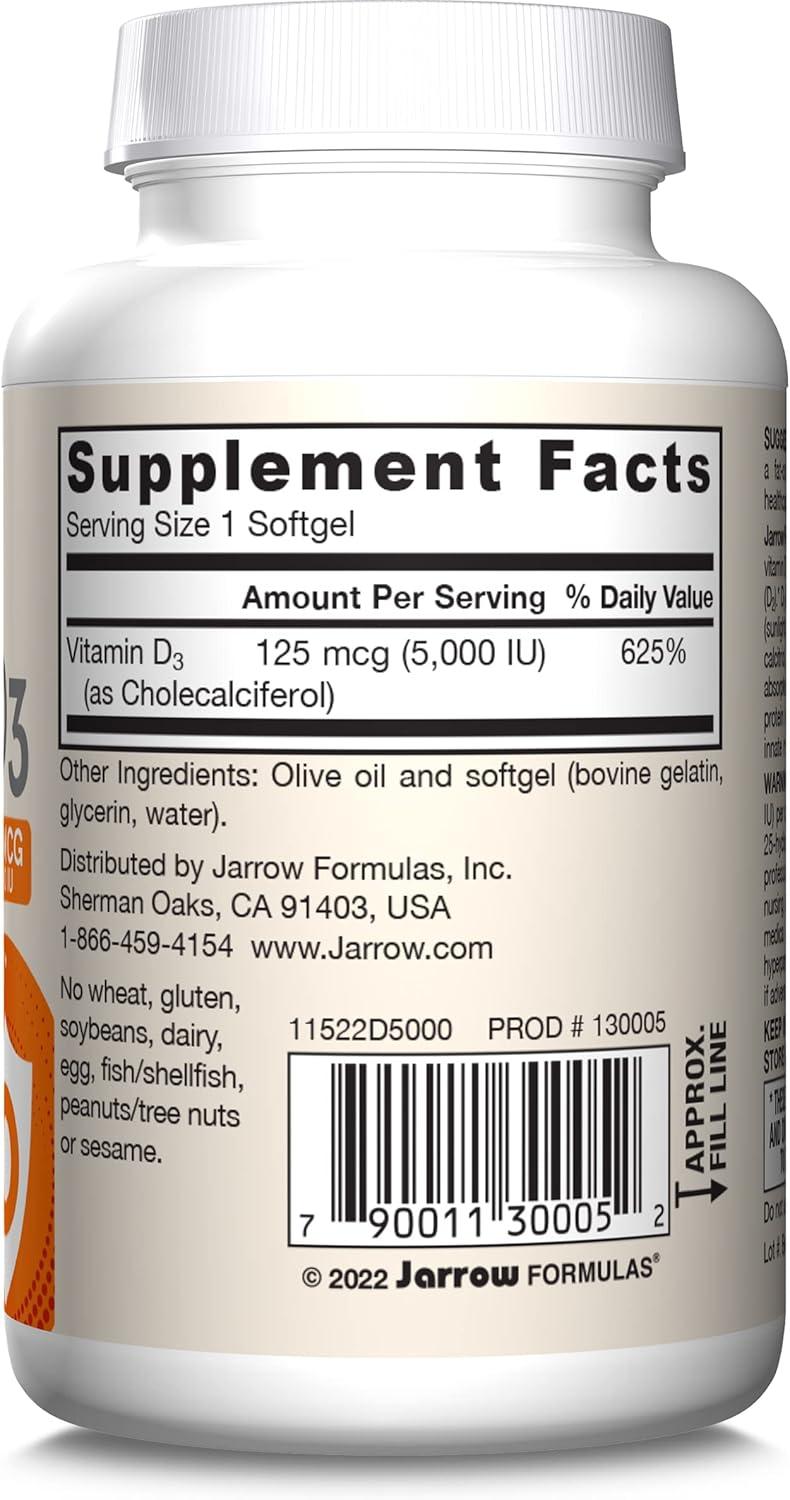 image:imageJarrow Formulas Vitamin D3 125 mcg 5000 IU 100 Servings Softgels Bone Health Immune Support amp Calcium Metabolism Support Vitamin D Supplement D3 Vitamins 5000 IU Vitamin D Gluten FreeUnflavored