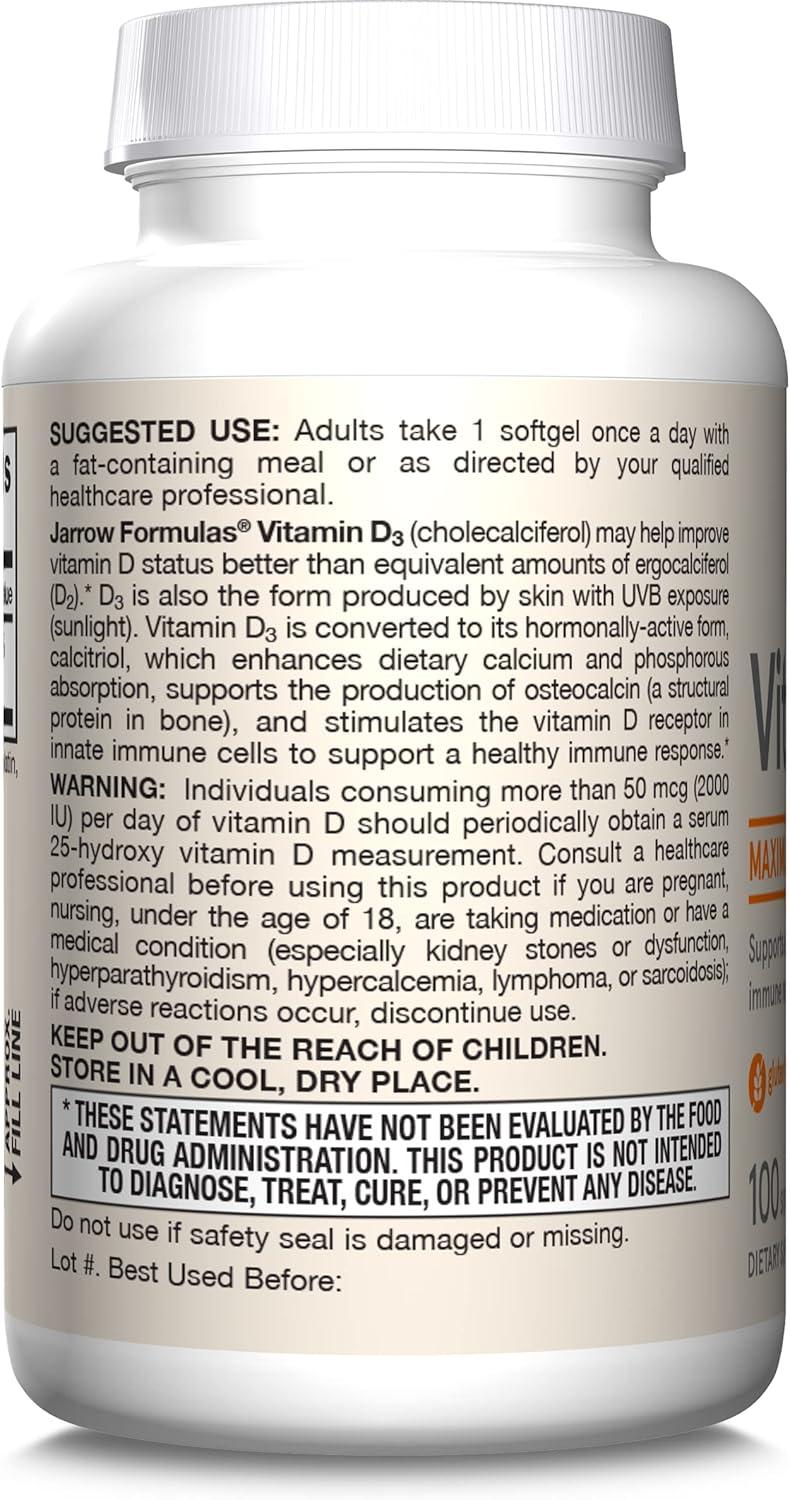 image:imageJarrow Formulas Vitamin D3 125 mcg 5000 IU 100 Servings Softgels Bone Health Immune Support amp Calcium Metabolism Support Vitamin D Supplement D3 Vitamins 5000 IU Vitamin D Gluten FreeUnflavored