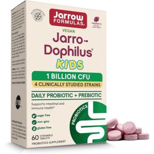 Jarrow Formulas® Jarro-Dophilus® Kids Probiotics and Prebiotics, 1 Billion CFU, Supplement for Intestinal and Immune Health Support, 60 Sugar-Free Raspberry-Flavored Chewable Tablets, 30 Day Supply