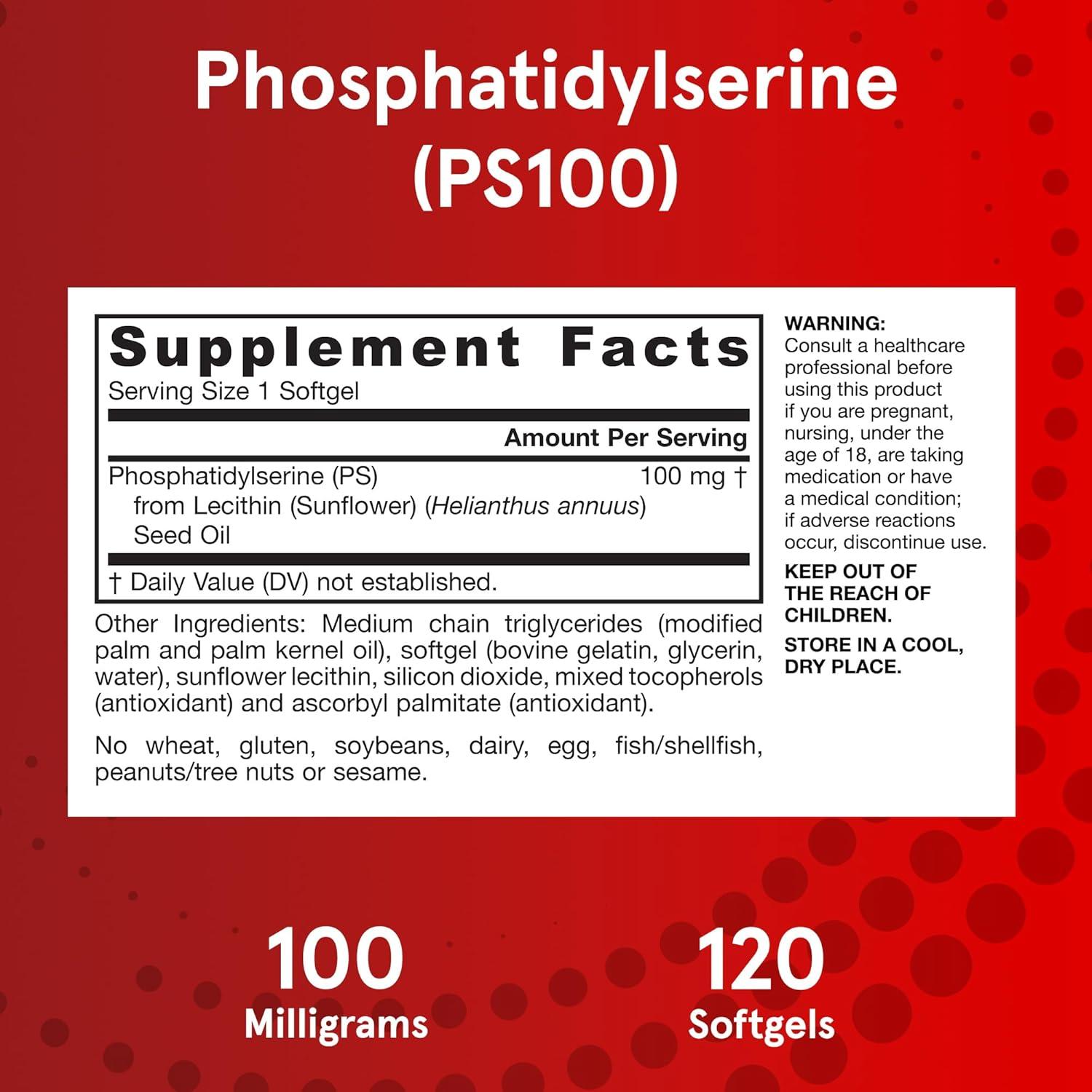 image:imageJarrow Formulas PS100 Phosphatidylserine 100mg Dietary Supplement for Brain Health and Cognitive Function Support 120 Softgels Up to a 40120 Day Supply120 Count Pack of 1