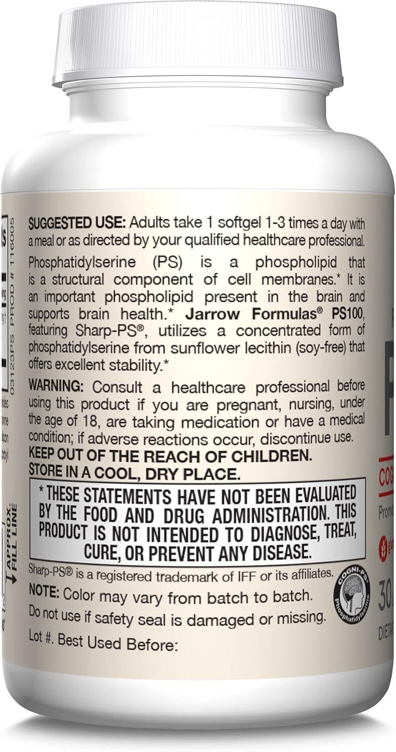 image:imageJarrow Formulas PS100 Phosphatidylserine 100mg Dietary Supplement for Brain Health and Cognitive Function Support 120 Softgels Up to a 40120 Day Supply30 Count Pack of 1